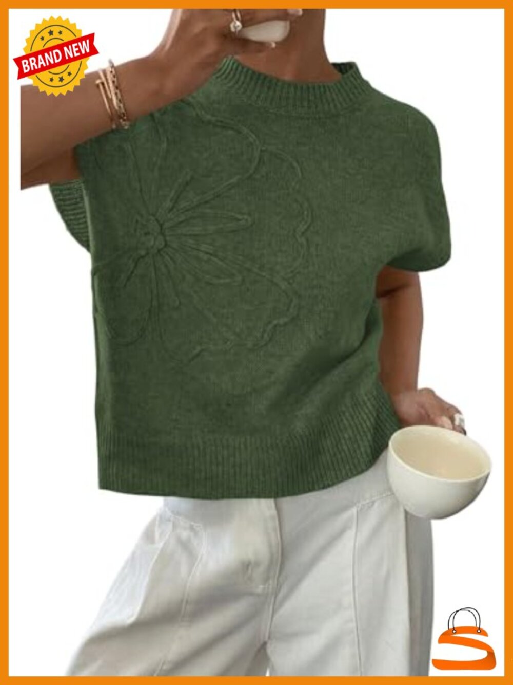 3D Flower Knit Sweater Vest - Cap Sleeve Pullover Top